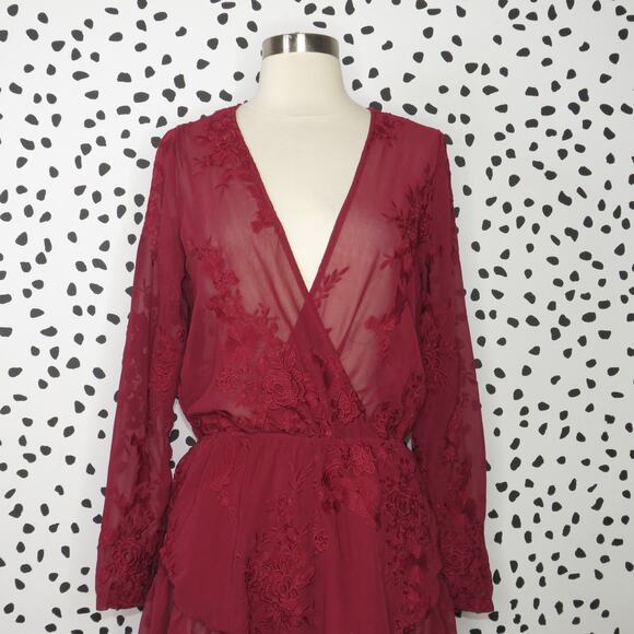Lioness Red Baby Brooke Sheer Deep V-Neck Embroidered Romper - Picture 5 of 11
